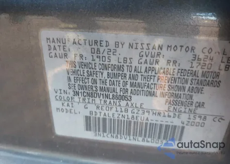 2022 Nissan Versa 1.6 S Xtronic Cvt z USA, uszkodzony, nr VIN 3N1CN8DV1NL860053